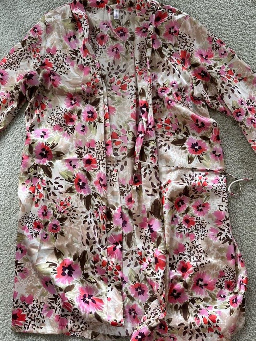 George Satin Floral Kimono Robe- Pink & Taupe